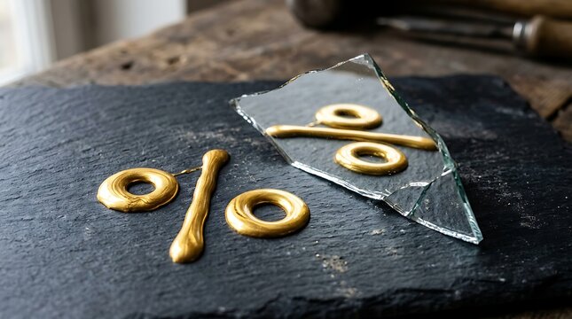 A creative representation of a percentage sign made from mustard on a broken glass and slate board