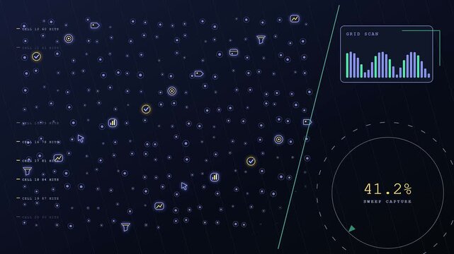 Digital conversion tracker overlay interface showing progressive data collection scan patterns with illuminated circular progress bars and flickering nodes moving across a dark gradient screen space