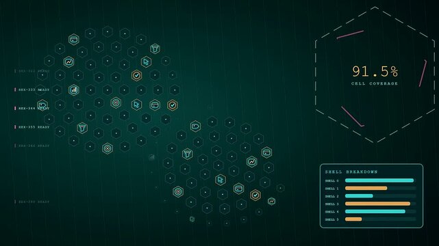 A conversion tracker interface displays digital growth percentages while active graphical hex patterns populate the dark grid during a progressive sequence of data monitoring simulation frames