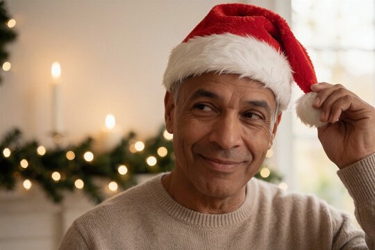 Smiling older man wearing a Santa hat in a festive setting, suggesting a joyful Christmas dinner conversation atmosphere.