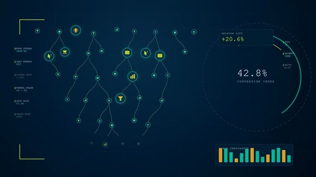 A digital conversion tracker visual interface displays fluctuating growth metrics through branching data flow patterns as the screen shifts across three distinct monitoring panels of statistics