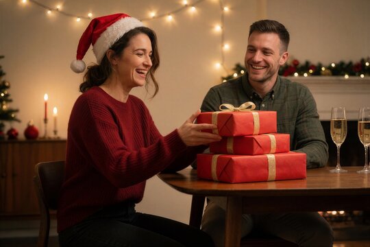 Friends celebrating Christmas joyfully as a woman in a Santa hat hands a stack of red gifts to a man across a wooden table.