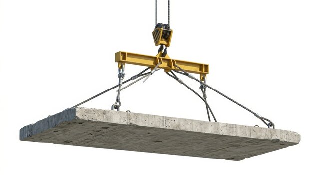 Heavy concrete slab lifted by crane with hook and cables against white background
