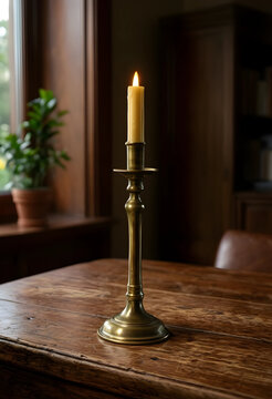 Warm candlelight and cozy ambiance, vintage brass candlestick with burning candle on rustic wooden table indoors