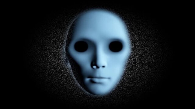 Alien face emerges from digital static against black background and turns toward viewer