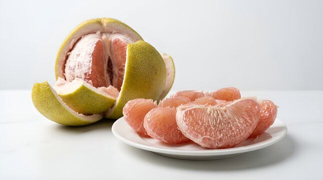 Partially peeled pomelo thick yellow green skin, juicy glossy pink reddish flesh inside, several fresh segments on small white plate, fresh tropical fruit sweet sour