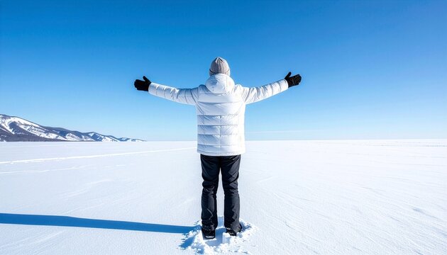 Back view of man standing with arms open on frozen snow plain