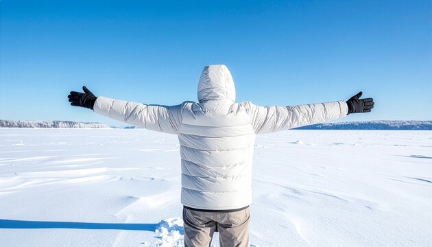 Back view of man with arms open on wide snow field under blue sky