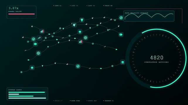 A digital conversion tracker interface displays evolving nodes and fluctuating metrics across multiple screen panels showing a progression of complex data flow patterns and connectivity