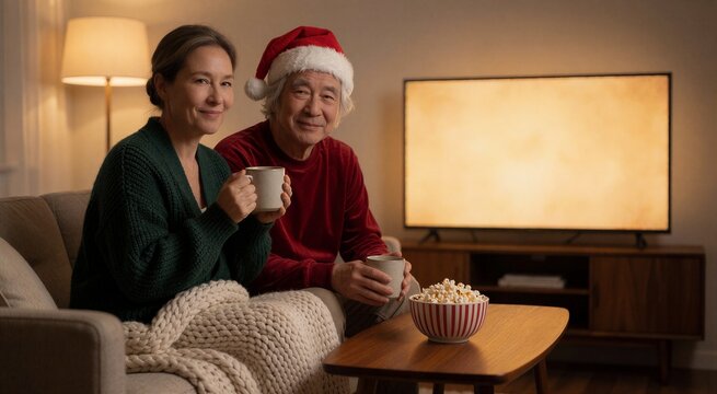 Cozy couple watching a Christmas movie together, sharing warmth and cheer on a comfortable sofa with snacks.