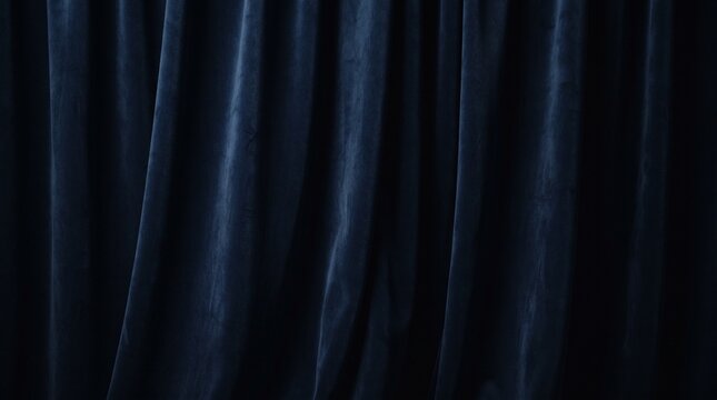 Close-up of dark blue velvet curtain with soft folds and sheen