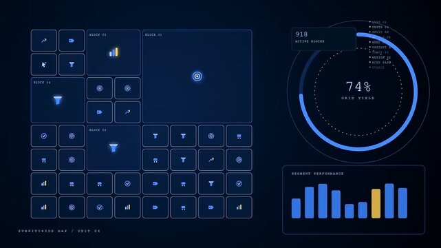 A conversion tracker interface displayed on a dark glowing display showing data growth and evolving digital metrics across a sequence of animated dashboard UI frames