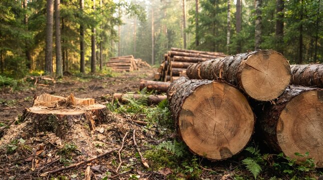 Logging in Forest: Cut Trees on Forest Floor for Timber