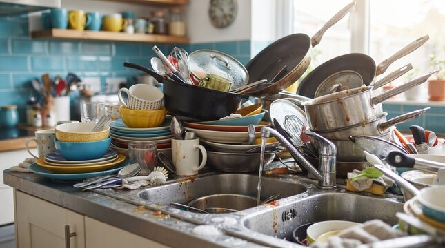 Unwashed Dirty Dishes Piled in Kitchen Sink