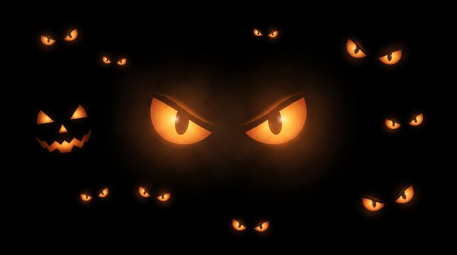 Menacing glowing eyes emerging from darkness for Halloween or horror themes