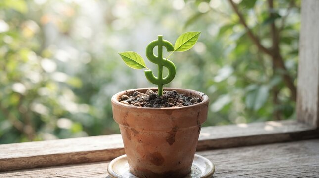 Growing Money Plant with Dollar Sign in Pot for Financial Growth