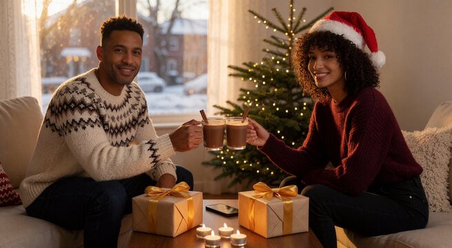 Christmas laughter together: A man and woman share a festive moment, clinking mugs of hot cocoa by a decorated Christmas tree.