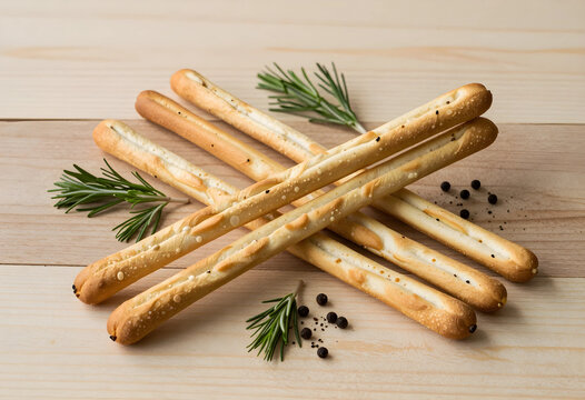 Italian breadsticks with rosemary and black pepper, gourmet appetizer and snack food, rustic wooden background