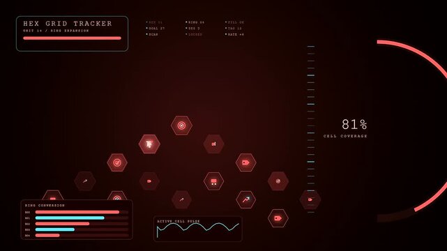 A digital conversion tracker interface display shows systematic data growth as hexagonal icons emerge across a dark red monitor during a simulated sequence of analytical software processes