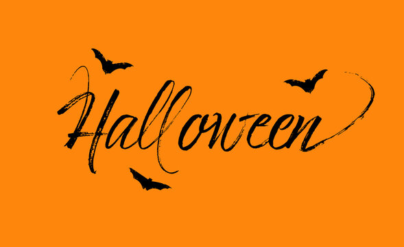 Halloween Hand Lettering Design with Black Bats on Orange Background, Spooky Brush Script Typography for Seasonal Celebration