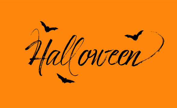 Halloween Hand Lettering Design with Black Bats on Orange Background, Spooky Brush Script Typography for Seasonal Celebration