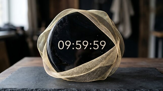 A unique modern clock sitting on a wooden table in a room with a blurred background