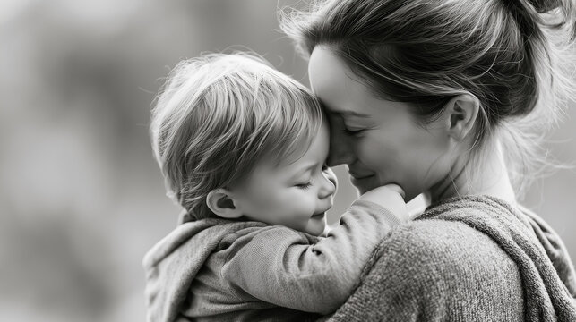 Black and white portrait of affectionate mother holding her cute toddler close