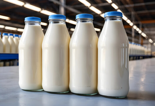 Dairy production and food industry, fresh milk bottles on a factory floor, healthy nutrition and beverage manufacturing