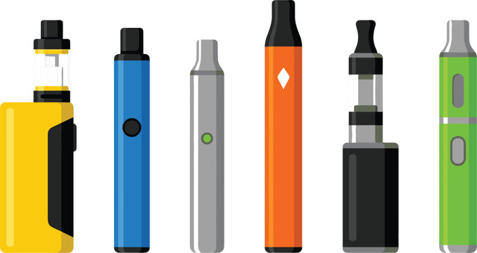 Electronic Cigarette Devices in Row with Different Vape Designs for Smoking, Vaping, Nicotine and Tobacco Concepts