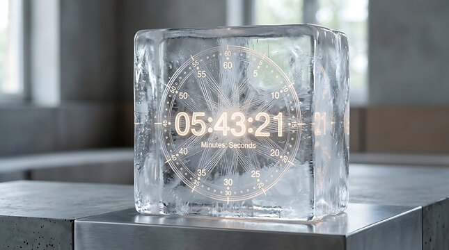 A modern crystal clock sitting on a sleek metal table in a contemporary room with large windows.