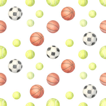 Seamless pattern with watercolor soccer, basketball and tennis balls