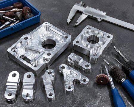 Fresh Aluminum Components Beside Deburring Tools and Calipers Showcase Precision Modern Metal Fabrication Workshop Craftsmanship