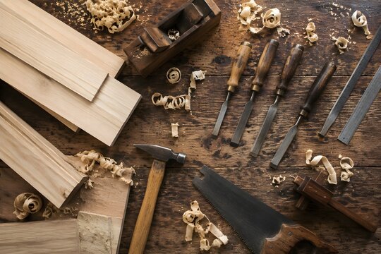 Carpenter Hand Tools with Unfinished Boards and Wood Shavings Creating Authentic Professional Woodworking Workshop Scene