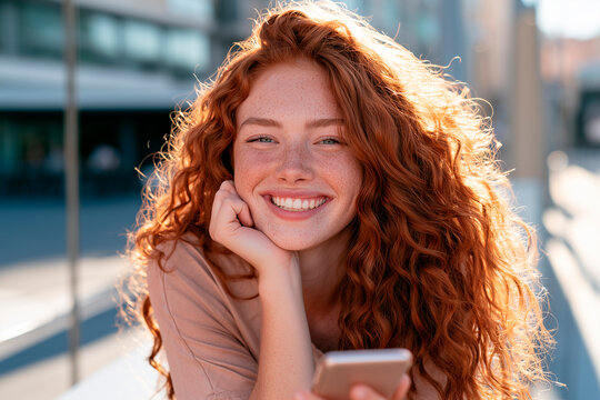 Young woman with freckles and long red hair smiling widely, leaning outdoors while holding a smartphone in sunlit urban setting