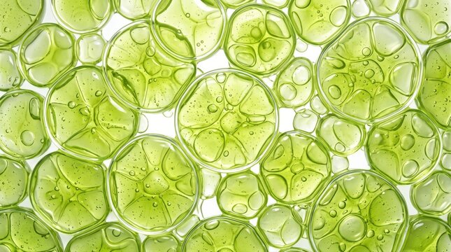 Microscopic view of vibrant green biological cell structures. This detailed abstract image represents sustainable biotechnology, natural essence, and advanced organic science.