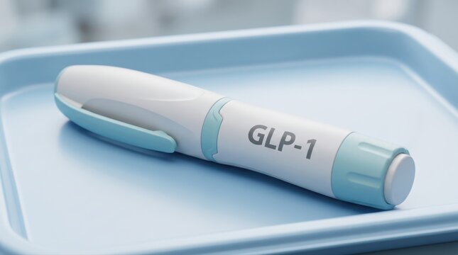 A GLP-1 medication injection pen rests on a sterile blue medical tray. This innovative pharmaceutical technology aids in diabetes management and weight loss treatment.