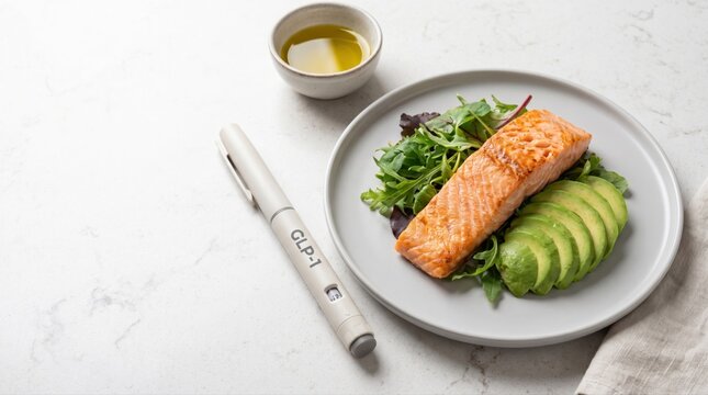 GLP-1 injector pen accompanies a plate of grilled salmon, sliced avocado, and fresh greens. This balanced meal supports modern weight management and diabetes care.