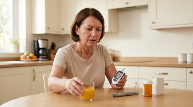 A senior woman manages her diabetes, regularly checking blood glucose levels with a glucometer at home. This highlights proactive health and chronic disease management.