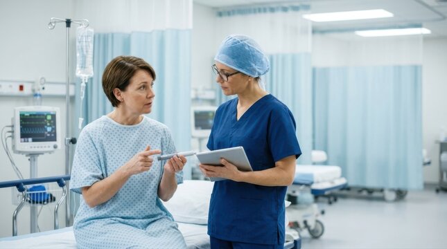 A healthcare professional explains a medical device to a female patient, utilizing modern technology for informed decision-making. This supports personalized patient care and wellness outcomes.