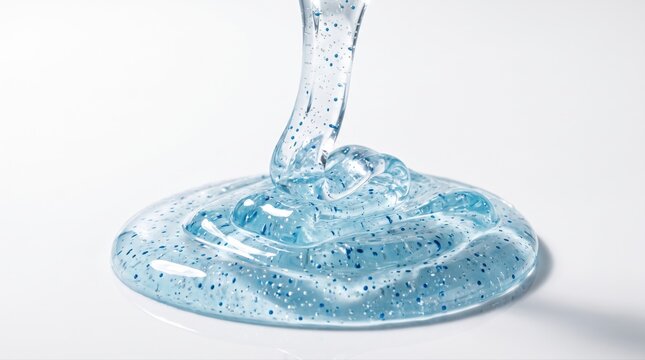 Transparent blue cosmetic gel with exfoliating particles streams onto a pristine white surface. This viscous liquid suggests advanced skincare formulations and hydrating benefits.
