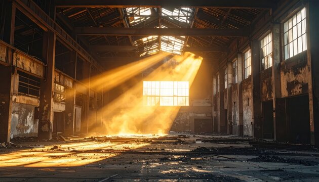 Golden Sunbeams Illuminate Abandoned Industrial Warehouse Interior with Dust Motes