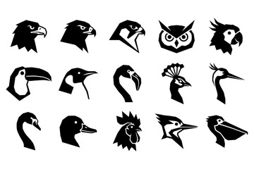 Naklejka premium Set of black and white bird head icons featuring various species in a minimalist graphic style
