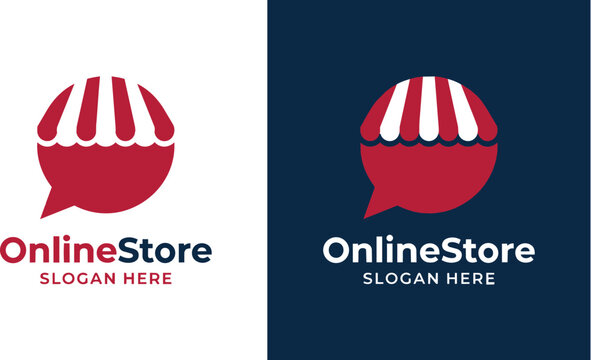 Online store logo concept combining a shopping cart awning and a chat bubble, isolated on white background