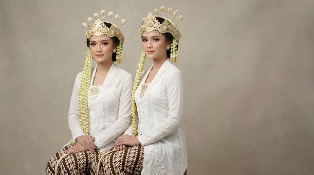 Two Beautiful Women in Sundanese Siger Bridal Kebaya, Traditional Wedding Attire from West Java
