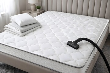 Fototapeta premium Bedroom Mattress Deep Cleaning With Vacuum Attachment on Spotless Quilted Surface and Bright Bedding Photography