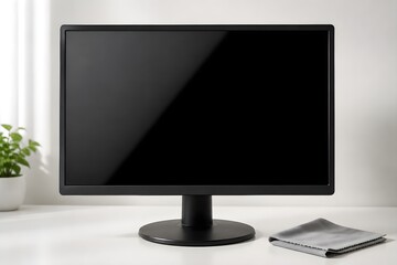 Fototapeta premium Polished Computer Monitor With Spotless Reflective Screen And Microfiber Cloth Represents Modern Workspace Cleaning Care