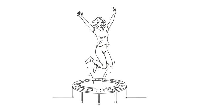 Line Art Woman Joyfully Jumping On Trampoline Illustration. EPS Editable. Vector Illustrations.