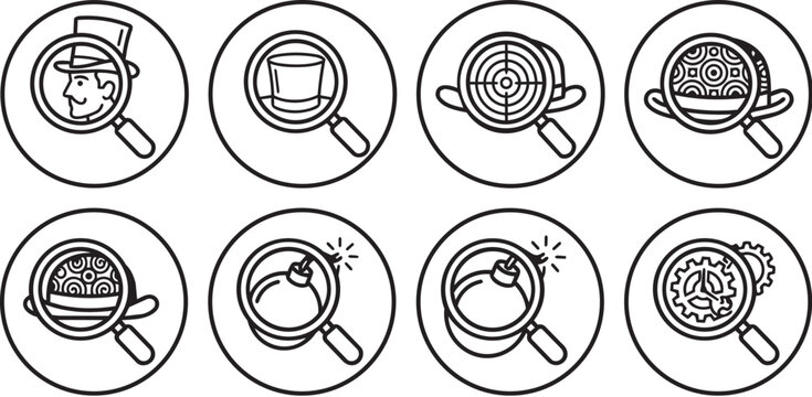 Black and white vector icons of magnifying glasses inspecting various objects like a mans face, a glass, targets, hats, bombs, and gears
