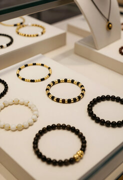 Luxury jewelry display with beaded bracelets and necklaces, retail store showcase for fashion accessories and gifts