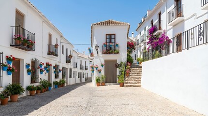 Obraz premium A charming and picturesque street in the old town of Frigiliana Spain. Whitewashed buildings colorful flowers and cobblestone paths create a quintessential Andalusian atmosphere. street in old town